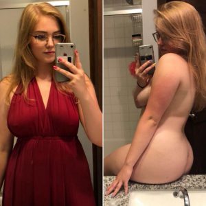 Sexy Freundin Im Roten Kleid Und Nacktfoto Im Spiegel