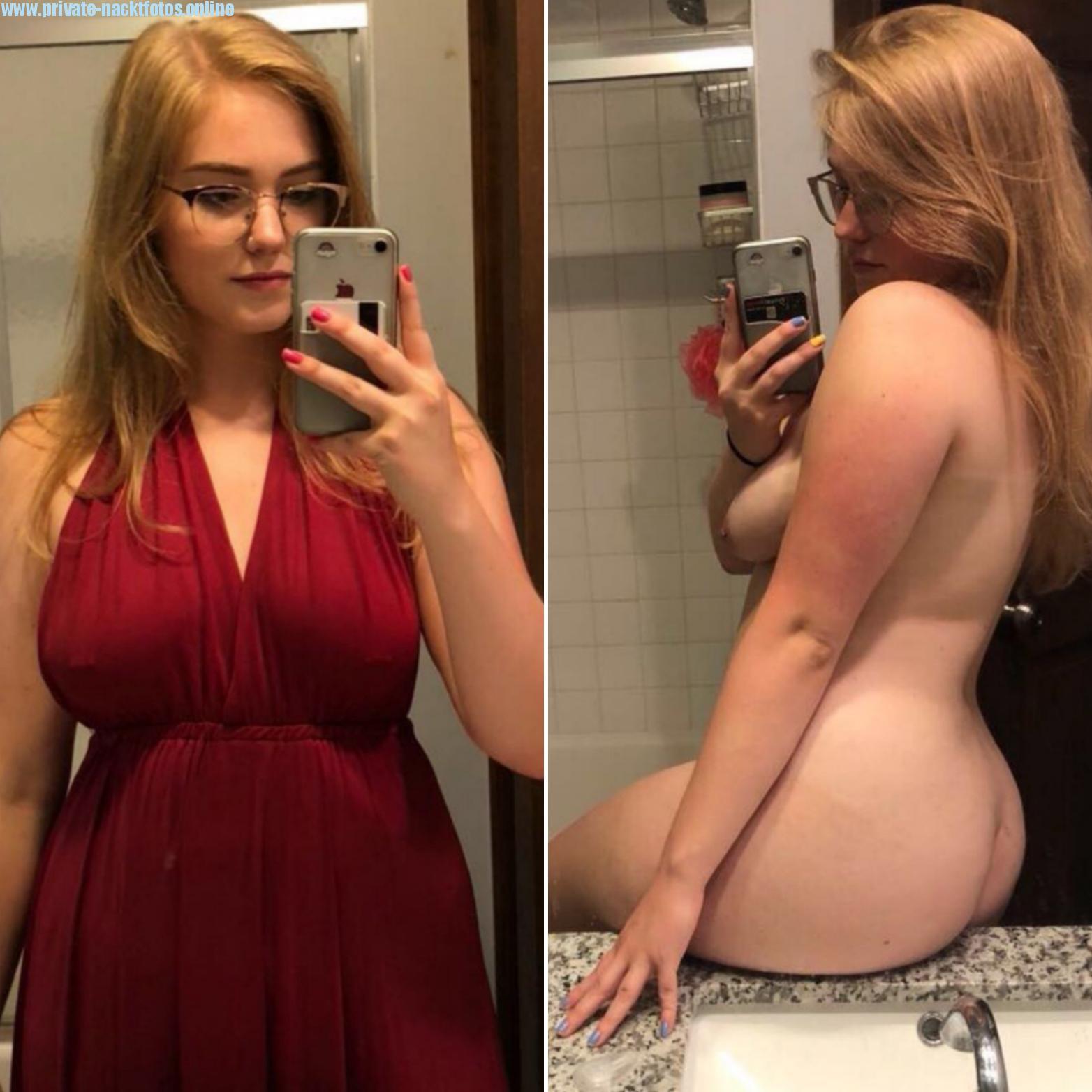 Sexy Freundin Im Roten Kleid Und Nacktfoto Im Spiegel